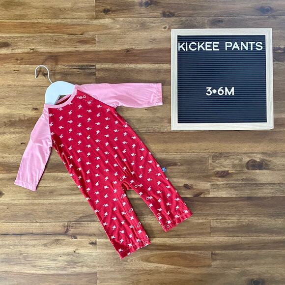 NEW Kickee Pants Candy Apple Red Pink Rosebud Bamboo Floral Romper 3-6M - Picture 1 of 7